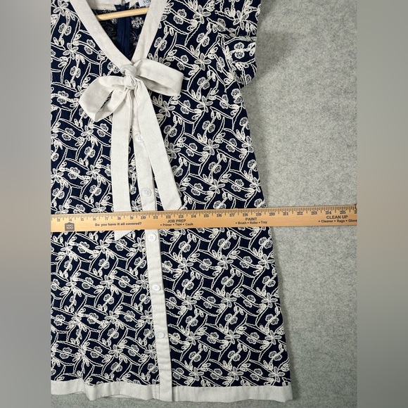 VOY Navy White Embroidered Ruffle Sleeve Cotton Dress M - Picture 4 of 9